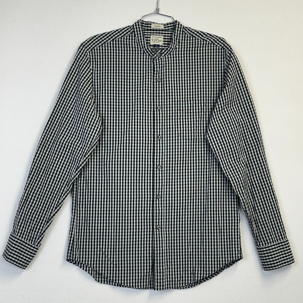 J.Crew Secret Wash Stretch Gingham‎ Band Collar Shirt Black Green Men's S